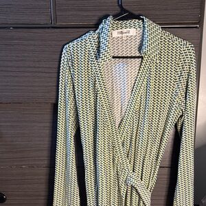 Diane Von Furstenberg Geometric Wrap Dress in Green and Black